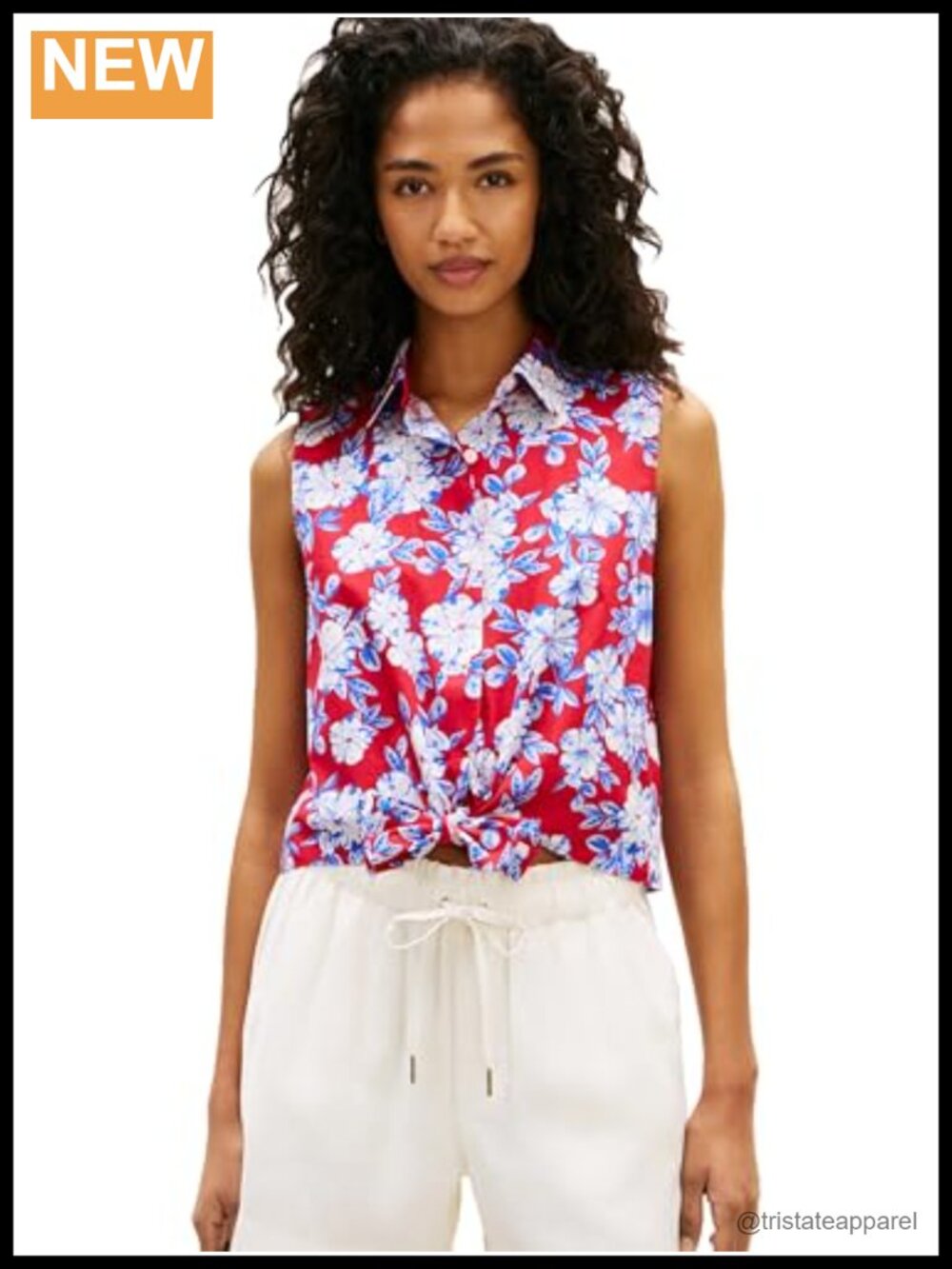 Tommy Hilfiger Women's Sleeveless Button Down Shirt Blouse Front Tie Cotton